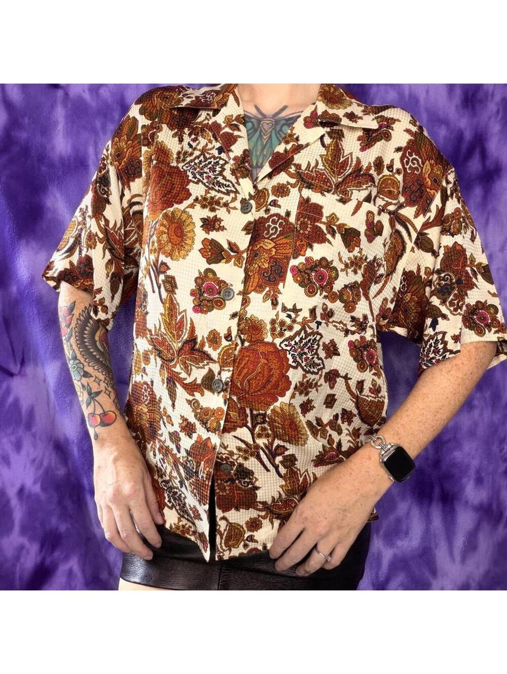 Anne Klein vtg 80s 90s silk blouse baroque floral print